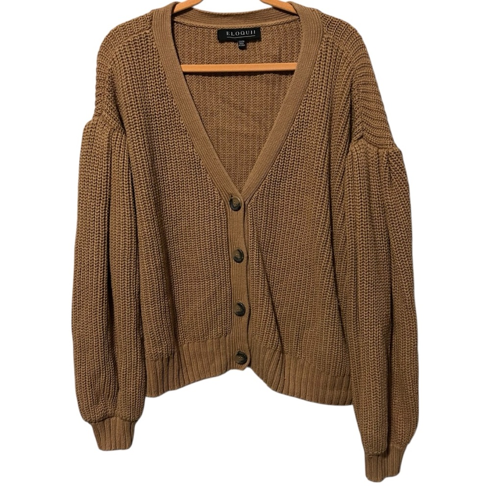 ELOQUII Camel Chunky Knit Balloon Sleeve Button Front Sweater 22/24 - Picture 2 of 12